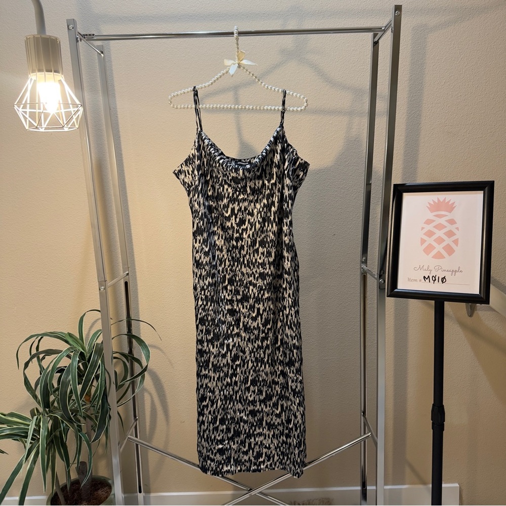 Express size XL black/silver print side leg slit spaghetti straps midi dress.